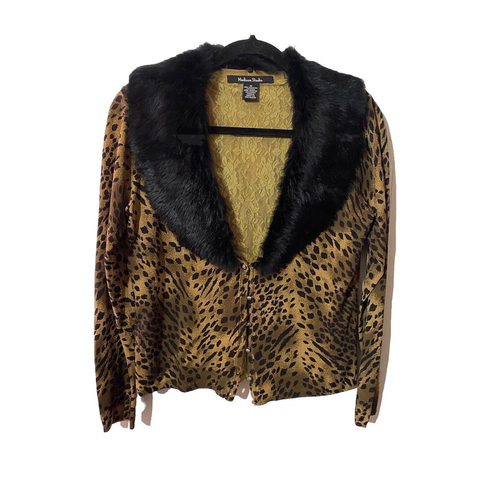 Madison Studio Vintage Rabbit Fur Collar Cheetah Print Cardigan EUC Size Medium
